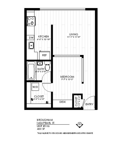 Floor plan for 1 bed, 1 bath, 465 sqft